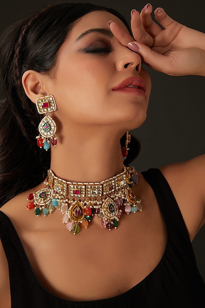 Gold Finish Multi-Colored Kundan Polki & Semi-Precious Beaded Choker Necklace Set by Amreli Jaipur