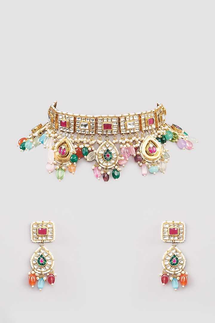Gold Finish Multi-Colored Kundan Polki & Semi-Precious Beaded Choker Necklace Set by Amreli Jaipur at Pernia's Pop Up Shop