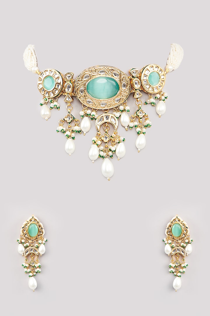 Gold Finish Green Kundan Polki Choker Necklace Set by Amreli Jaipur at Pernia's Pop Up Shop