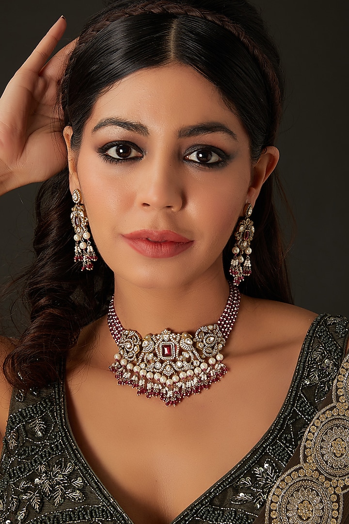 Victorian Gold Finish Kundan Polki & Maroon Beaded Choker Necklace Set by Amreli Jaipur