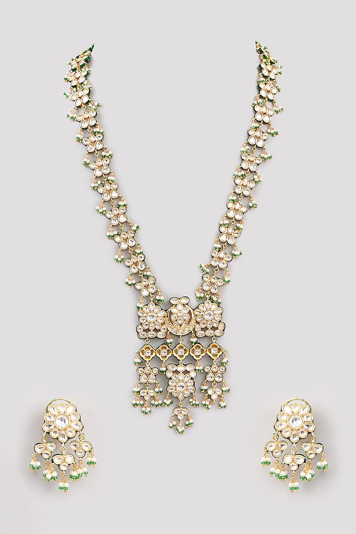 Gold Finish Pachi Kundan Polki Long Necklace Set by Amreli Jaipur at Pernia's Pop Up Shop