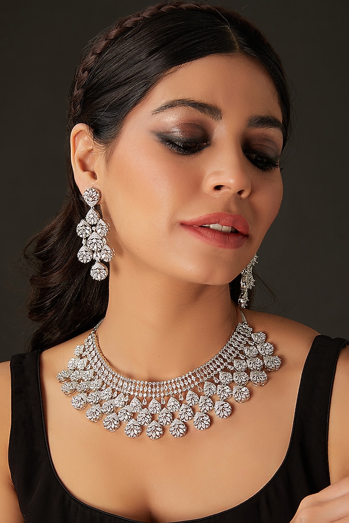 White Finish American Diamond Necklace Set by Amreli Jaipur