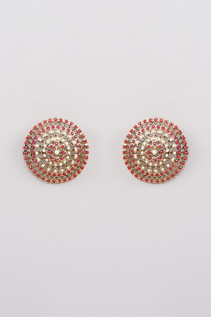 Gold Finish Red Jadau Kundan Polki Stud Earrings by Amreli Jaipur