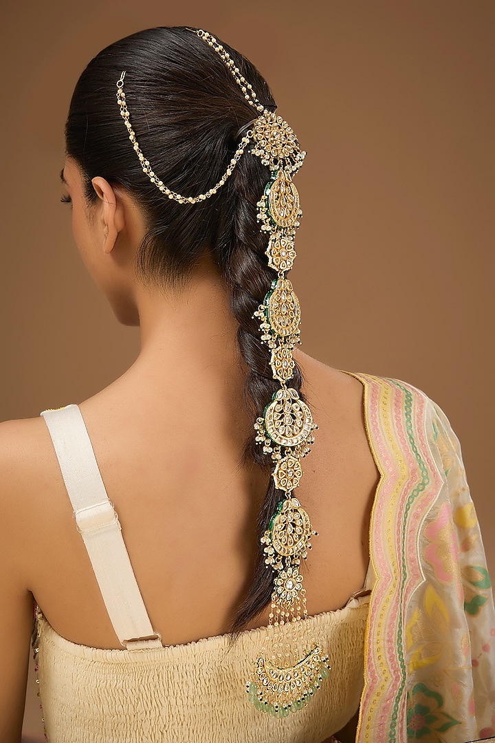 Gold Finish Kundan Polki Hair Braid Accessory by Amreli Jaipur at Pernia's Pop Up Shop