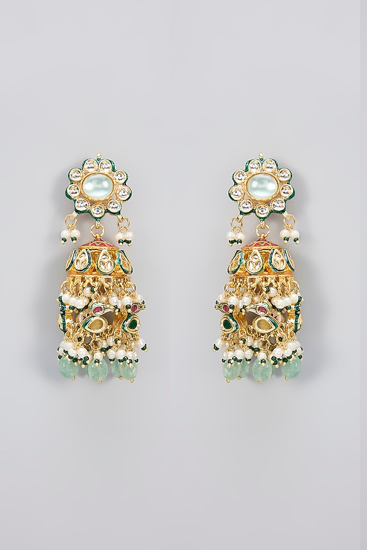 Gold Finish Kundan Polki & Pearl Handcrafted Jhumka Earrings by Amreli Jaipur at Pernia's Pop Up Shop