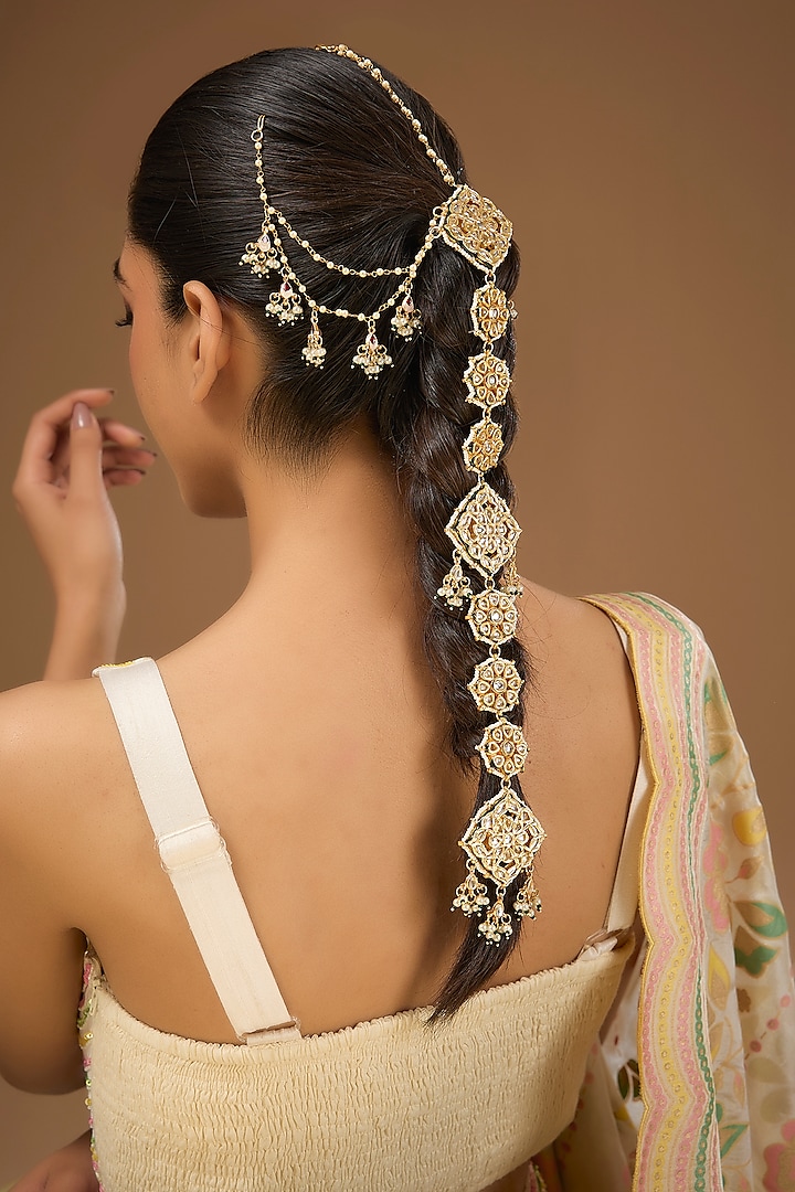 Gold Finish Kundan Polki Hair Braid Accessory by Amreli Jaipur at Pernia's Pop Up Shop