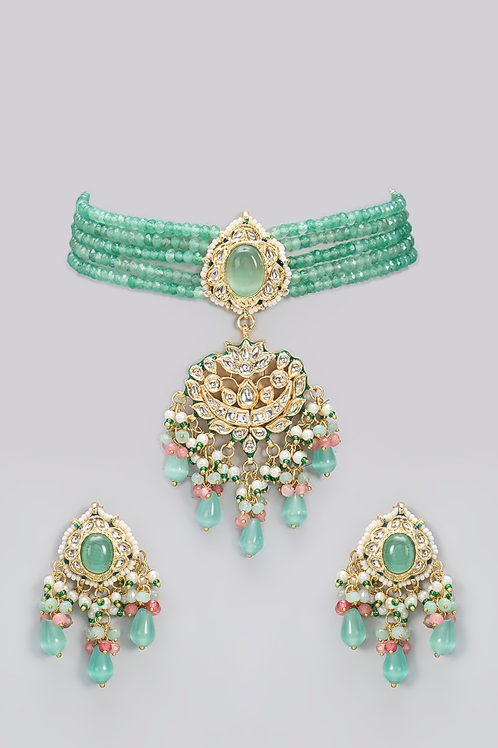 Gold Finish Kundan Polki & Mint Green Carved Stone Handcrafted Choker Necklace Set by Amreli Jaipur at Pernia's Pop Up Shop