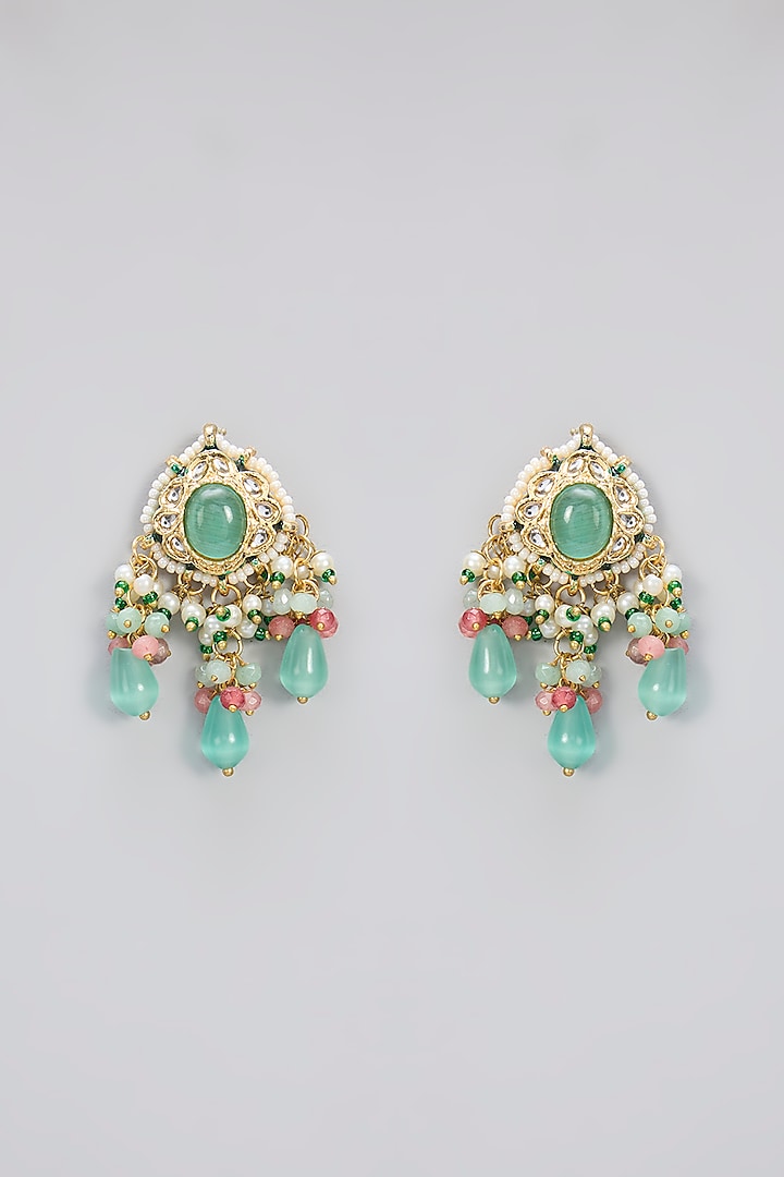 Gold Finish Kundan Polki & Mint Green Carved Stone Handcrafted Choker Necklace Set by Amreli Jaipur at Pernia's Pop Up Shop