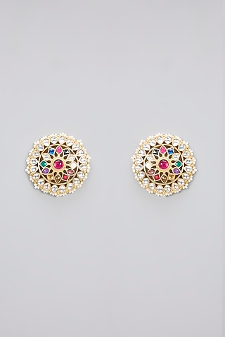 Gold Finish Pachi Kundan Polki & Navratna Stone Handcrafted Stud Earrings by Amreli Jaipur