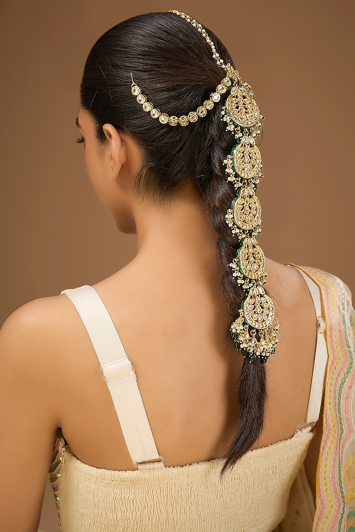 Gold Finish Kundan Polki Hair Braid Accessory by Amreli Jaipur at Pernia's Pop Up Shop