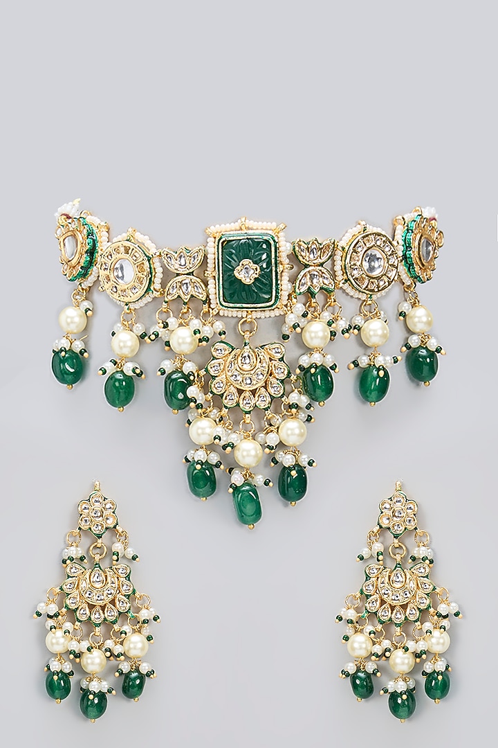 Gold Finish Kundan Polki & Green Carved Stone Handcrafted Choker Necklace Set by Amreli Jaipur at Pernia's Pop Up Shop