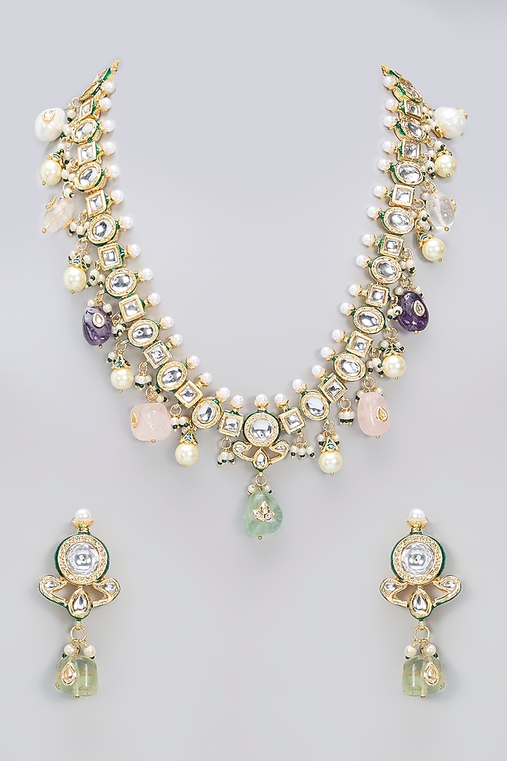 Gold Finish Kundan Polki & Multi-Colored Beaded Handcrafted Necklace Set by Amreli Jaipur at Pernia's Pop Up Shop