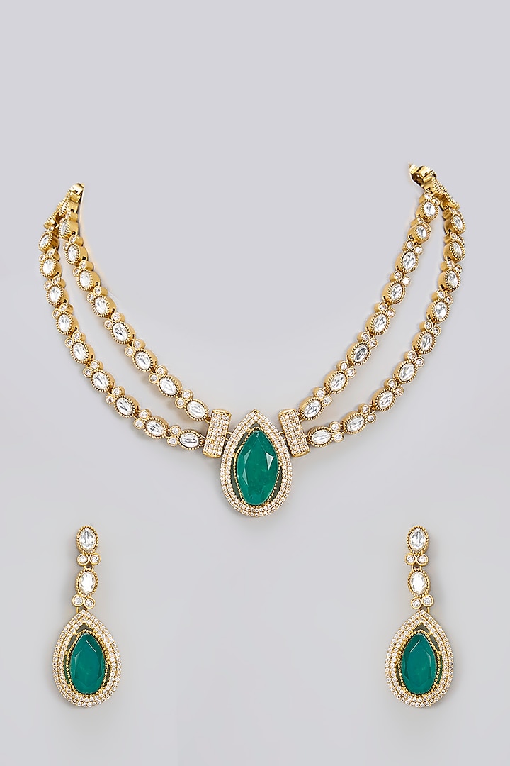 Gold Finish Kundan Polki & Green Doublet Stone Handcrafted Necklace Set by Amreli Jaipur at Pernia's Pop Up Shop