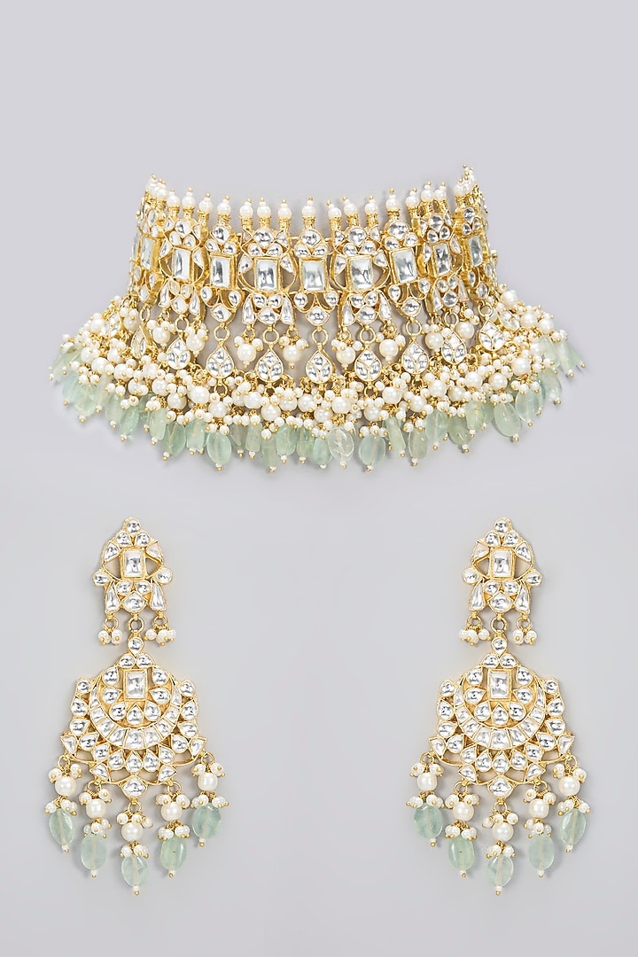 Gold Finish Pachi Kundan Polki Handcrafted Choker Necklace Set by Amreli Jaipur at Pernia's Pop Up Shop