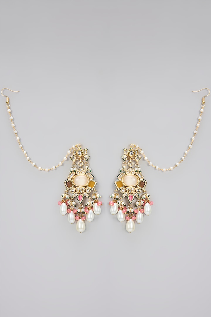 Gold Finish Kundan Polki & White Beaded Handcrafted Dangler Earrings by Amreli Jaipur at Pernia's Pop Up Shop