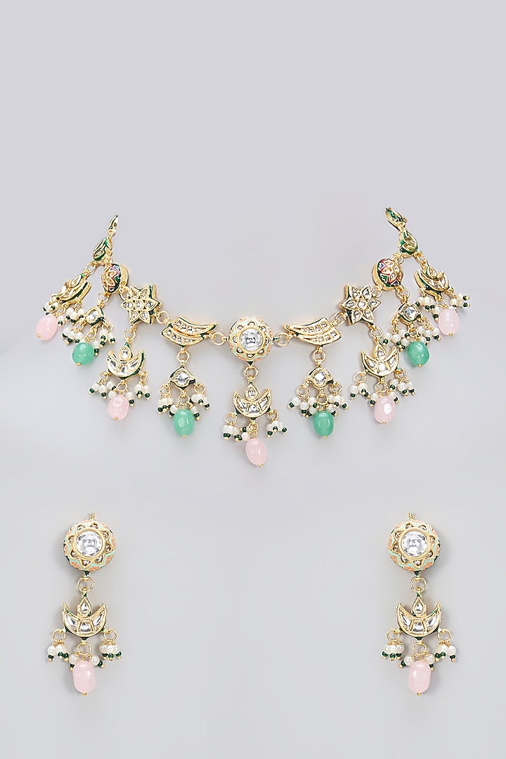 Gold Finish Kundan Polki & Mint Carved Stone Handcrafted Choker Necklace Set by Amreli Jaipur at Pernia's Pop Up Shop