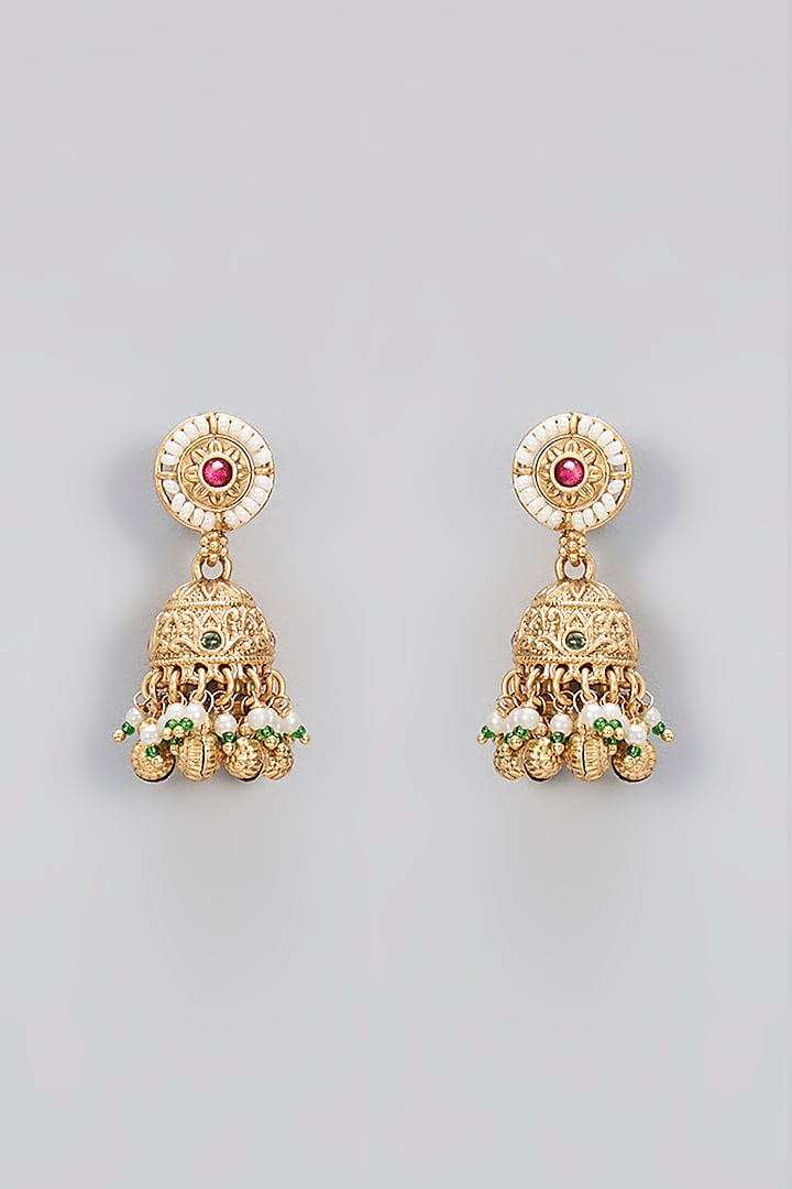Gold Finish Kundan Polki & Pearl Handcrafted Temple Necklace Set by Amreli Jaipur at Pernia's Pop Up Shop