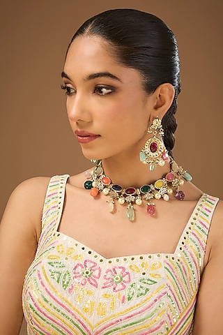Gold Finish Navratna Stone & Kundan Polki Handcrafted Necklace Set by Amreli Jaipur
