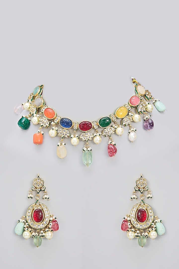 Gold Finish Navratna Stone & Kundan Polki Handcrafted Necklace Set by Amreli Jaipur at Pernia's Pop Up Shop