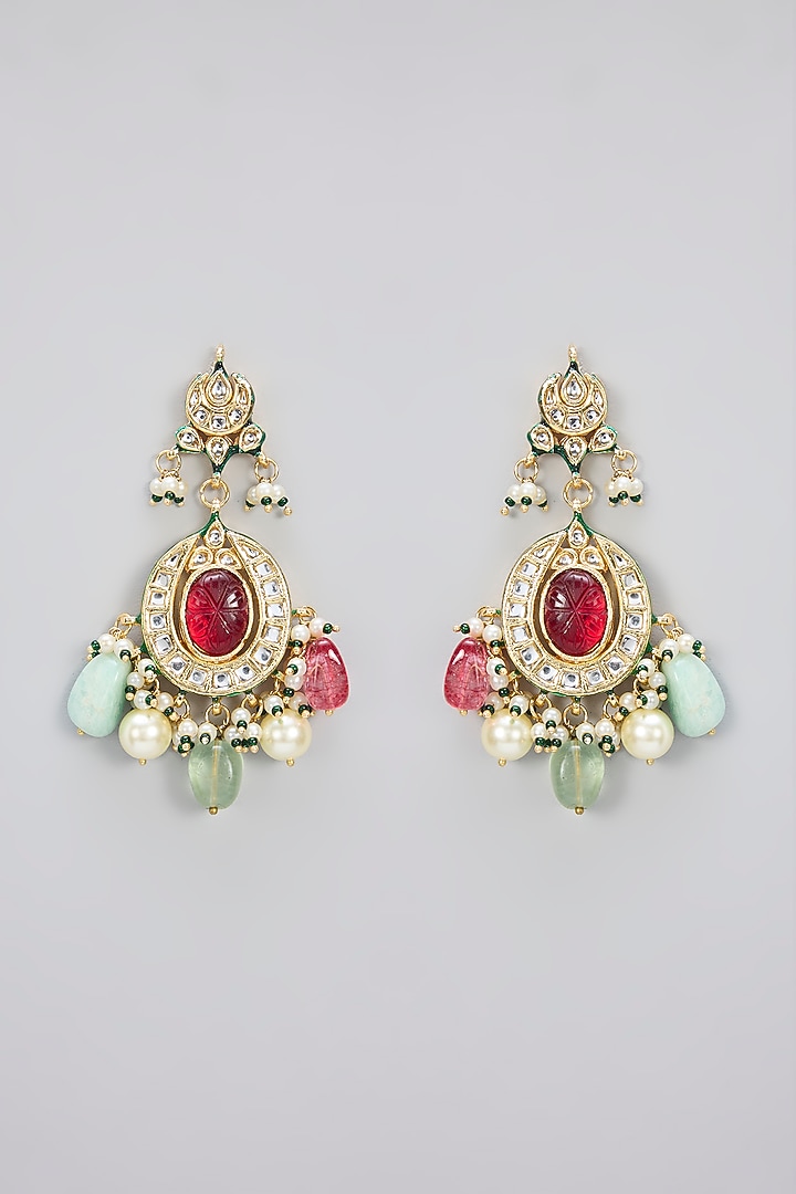 Gold Finish Navratna Stone & Kundan Polki Handcrafted Necklace Set by Amreli Jaipur at Pernia's Pop Up Shop