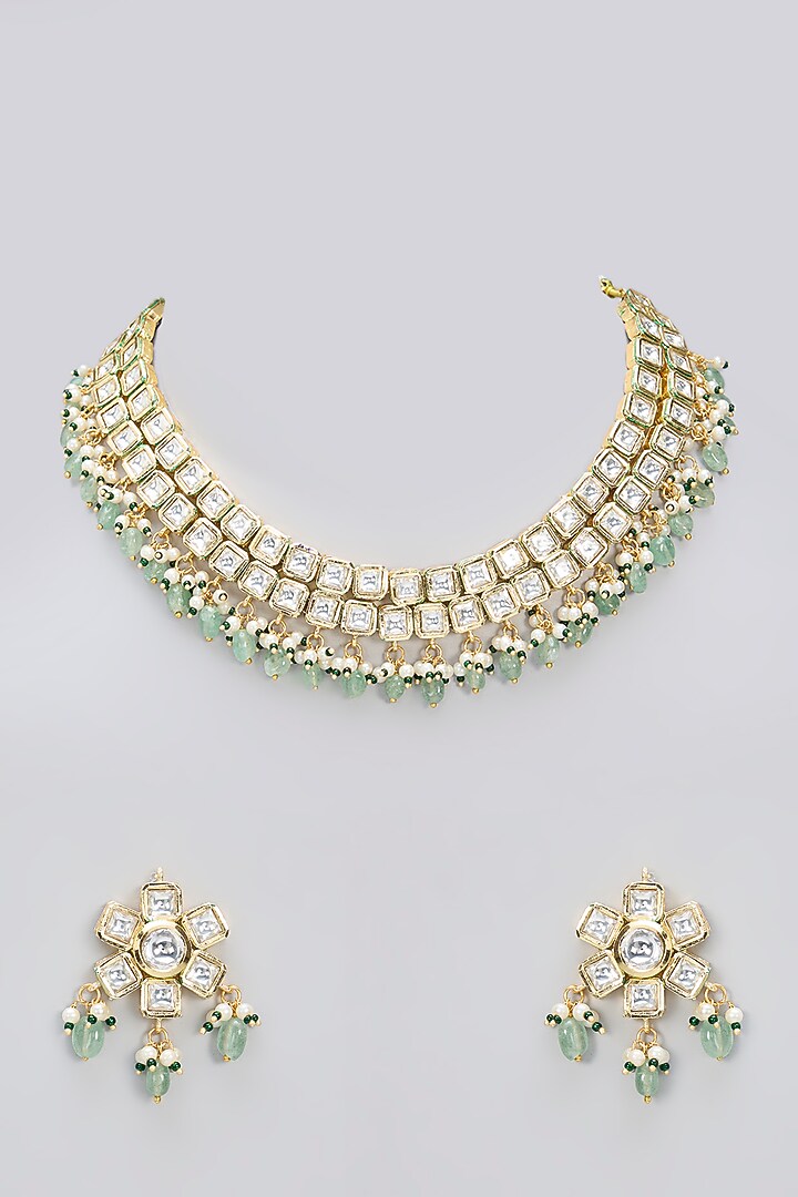Gold Finish Kundan Polki Handcrafted Necklace Set by Amreli Jaipur at Pernia's Pop Up Shop