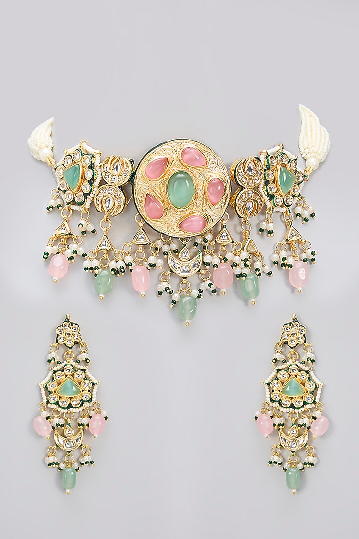 Gold Finish Kundan Polki & Mint Carved Stone Handcrafted Choker Necklace Set by Amreli Jaipur at Pernia's Pop Up Shop