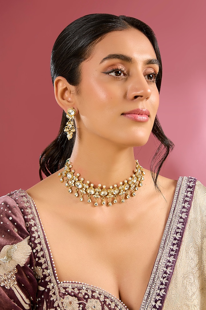 Gold Finish Kundan Polki Handcrafted Choker Necklace Set by Amreli Jaipur at Pernia's Pop Up Shop