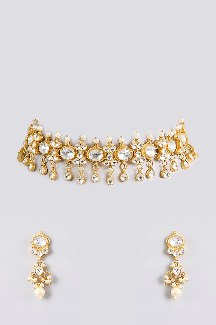 Gold Finish Kundan Polki Handcrafted Choker Necklace Set by Amreli Jaipur at Pernia's Pop Up Shop