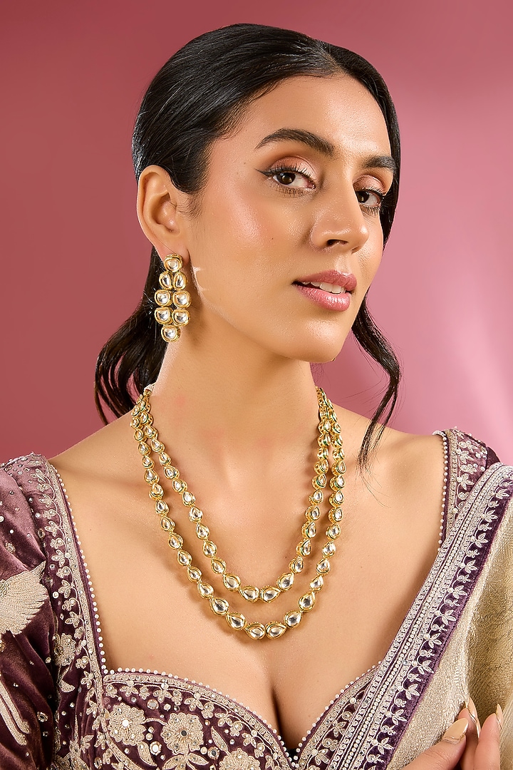 Gold Finish Kundan Polki Handcrafted Necklace Set by Amreli Jaipur at Pernia's Pop Up Shop