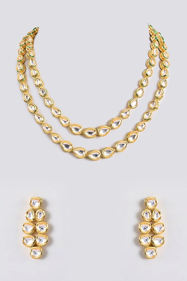 Gold Finish Kundan Polki Handcrafted Necklace Set by Amreli Jaipur at Pernia's Pop Up Shop