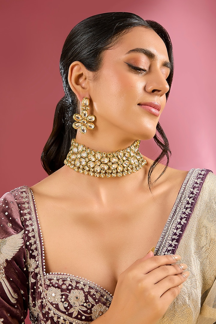 Gold Finish Kundan Polki Handcrafted Choker Necklace Set by Amreli Jaipur at Pernia's Pop Up Shop