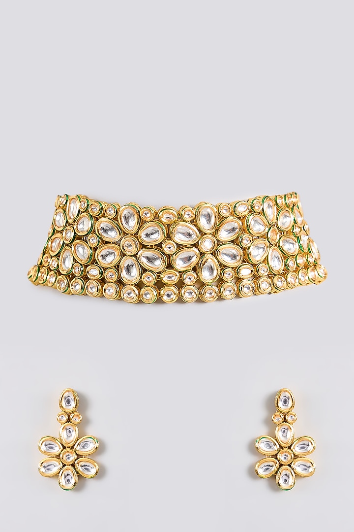 Gold Finish Kundan Polki Handcrafted Choker Necklace Set by Amreli Jaipur at Pernia's Pop Up Shop
