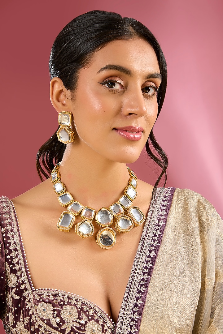 Gold Finish Kundan Polki Handcrafted Necklace Set by Amreli Jaipur at Pernia's Pop Up Shop