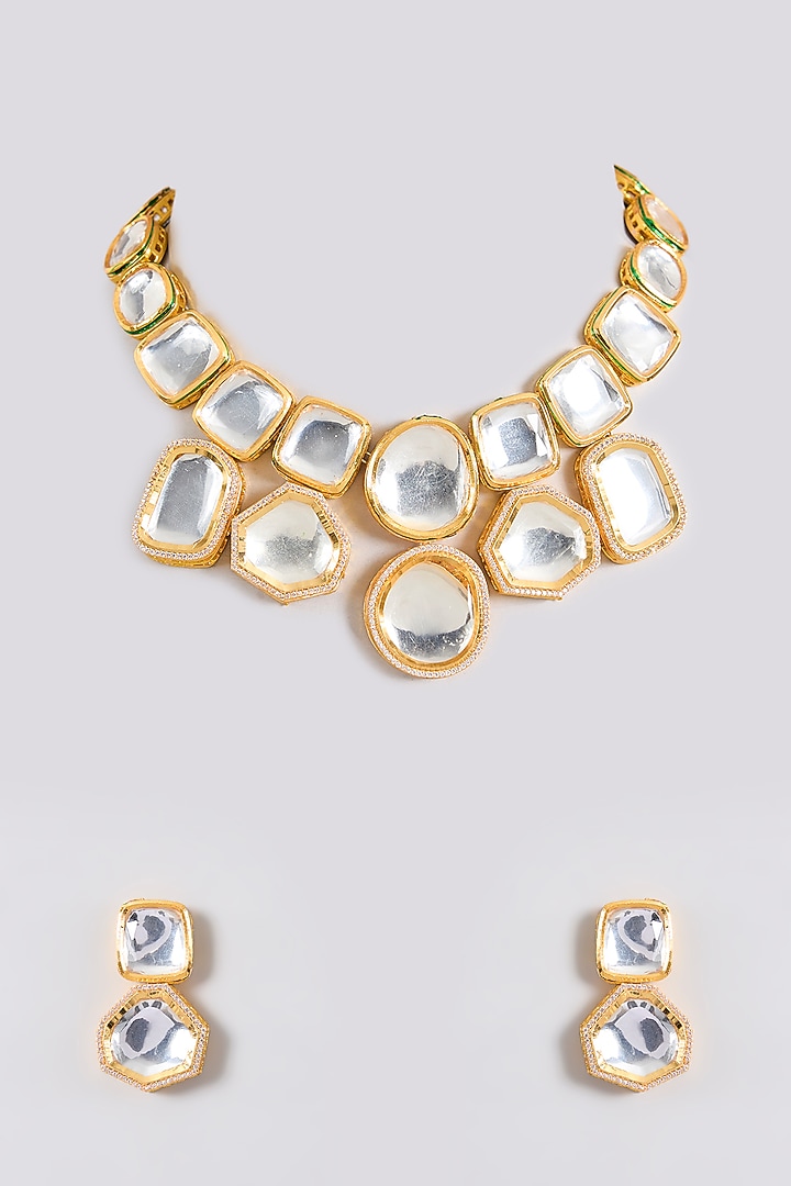Gold Finish Kundan Polki Handcrafted Necklace Set by Amreli Jaipur at Pernia's Pop Up Shop