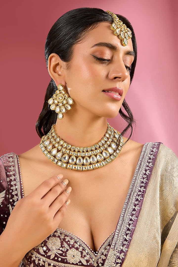 Gold Finish Kundan Polki Handcrafted Choker Necklace Set by Amreli Jaipur at Pernia's Pop Up Shop