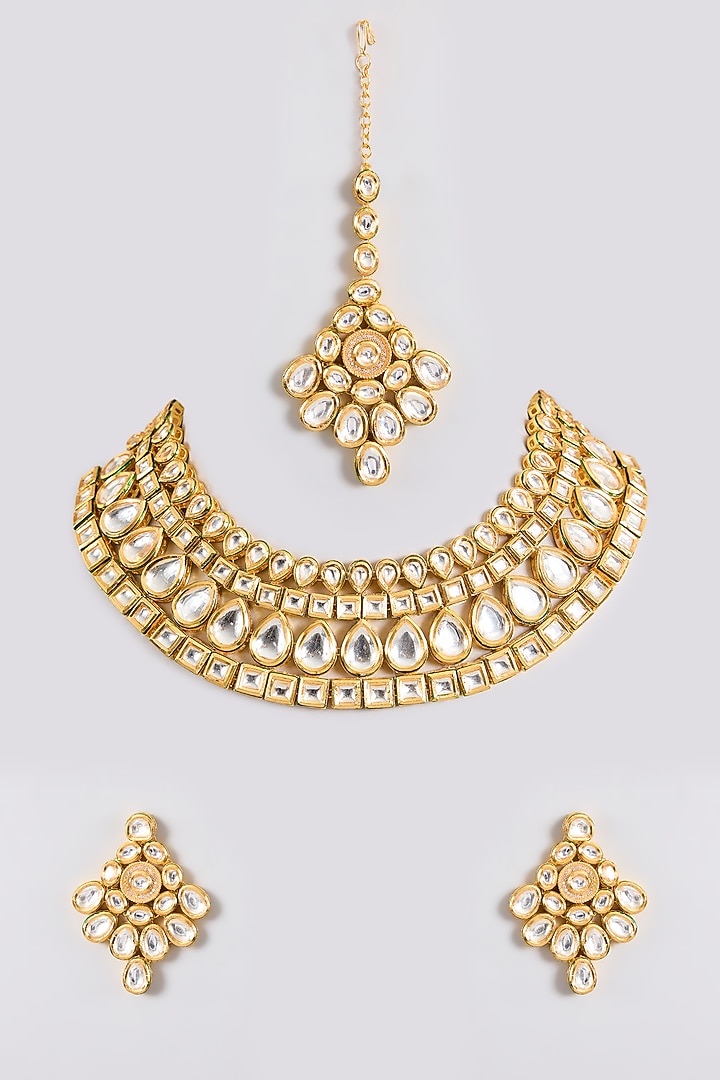 Gold Finish Kundan Polki Handcrafted Choker Necklace Set by Amreli Jaipur at Pernia's Pop Up Shop