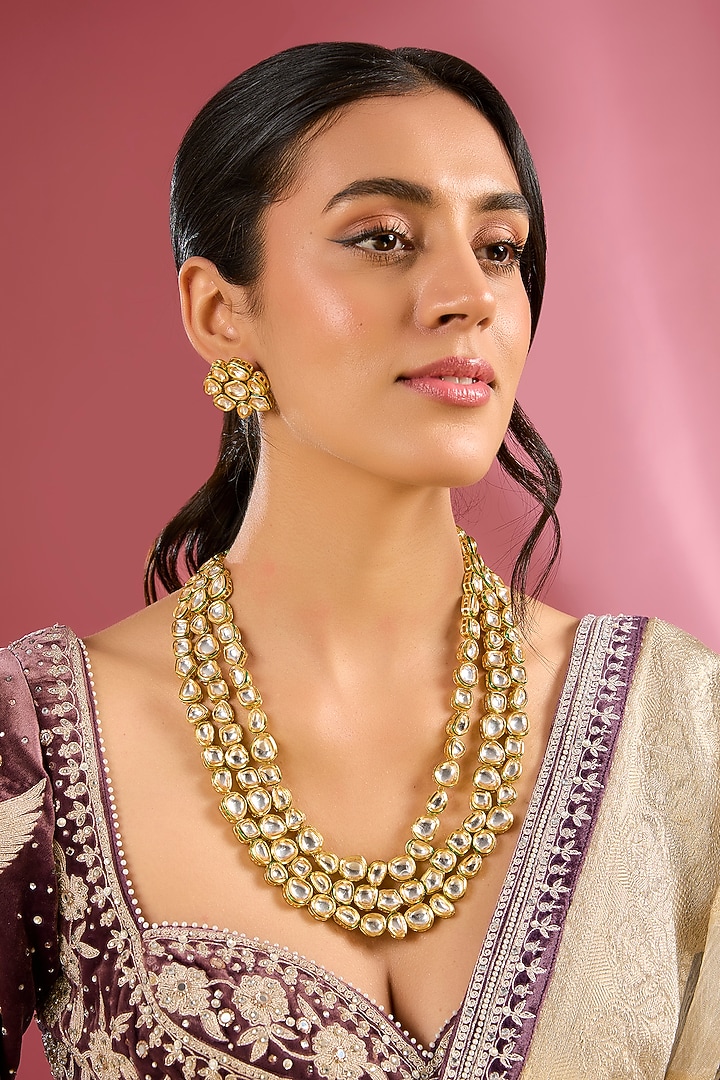 Gold Finish Kundan Polki Handcrafted Layered Necklace Set by Amreli Jaipur at Pernia's Pop Up Shop