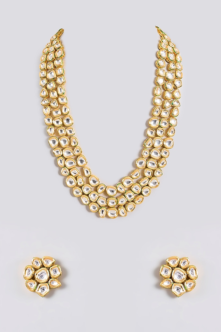 Gold Finish Kundan Polki Handcrafted Layered Necklace Set by Amreli Jaipur at Pernia's Pop Up Shop
