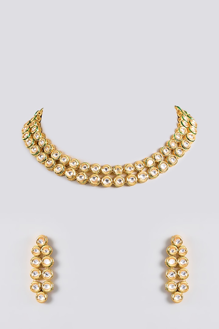Gold Finish Kundan Polki Handcrafted Necklace Set by Amreli Jaipur at Pernia's Pop Up Shop