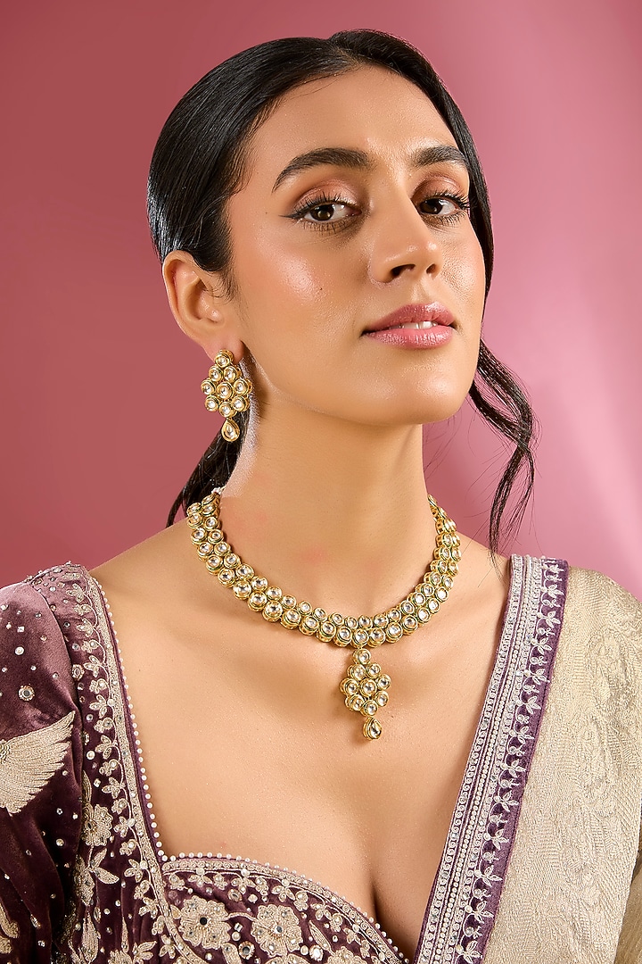 Gold Finish Kundan Polki Handcrafted Necklace Set by Amreli Jaipur at Pernia's Pop Up Shop