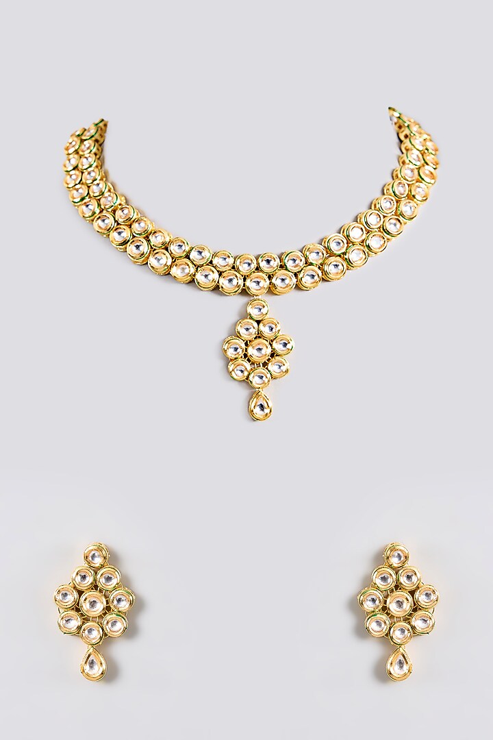Gold Finish Kundan Polki Handcrafted Necklace Set by Amreli Jaipur at Pernia's Pop Up Shop