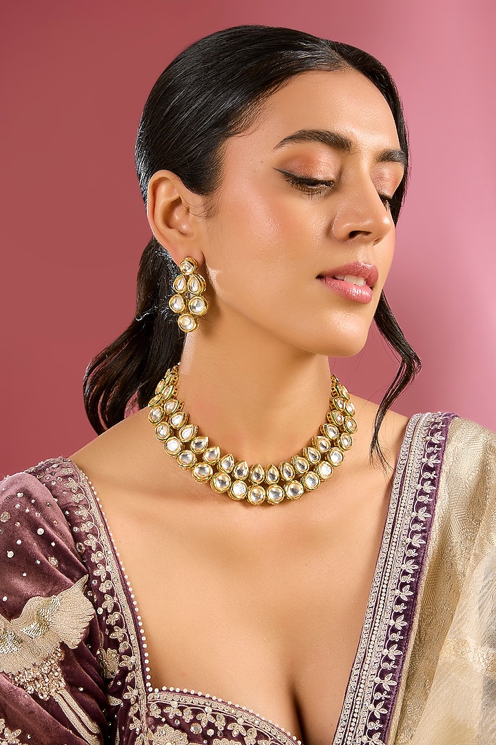 Gold Finish Kundan Polki Handcrafted Necklace Set by Amreli Jaipur at Pernia's Pop Up Shop