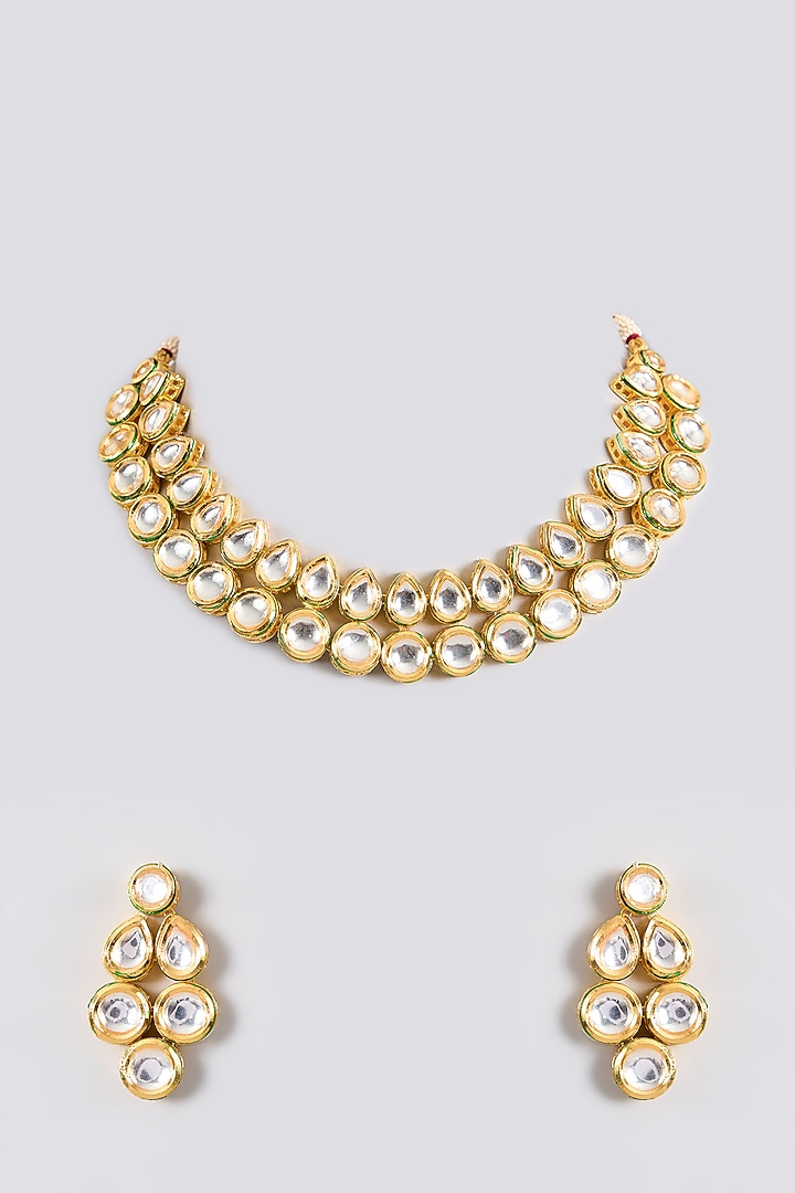 Gold Finish Kundan Polki Handcrafted Necklace Set by Amreli Jaipur at Pernia's Pop Up Shop