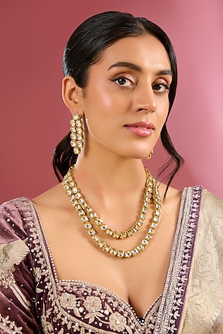 Gold Finish Kundan Polki Handcrafted Necklace Set by Amreli Jaipur