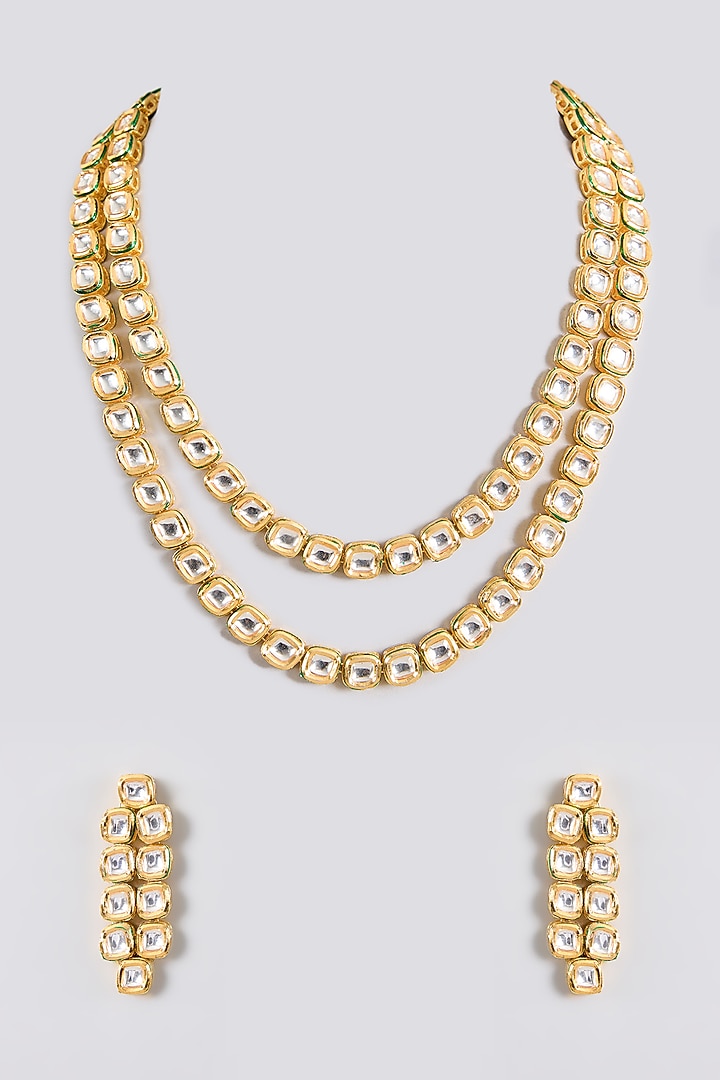 Gold Finish Kundan Polki Handcrafted Necklace Set by Amreli Jaipur at Pernia's Pop Up Shop
