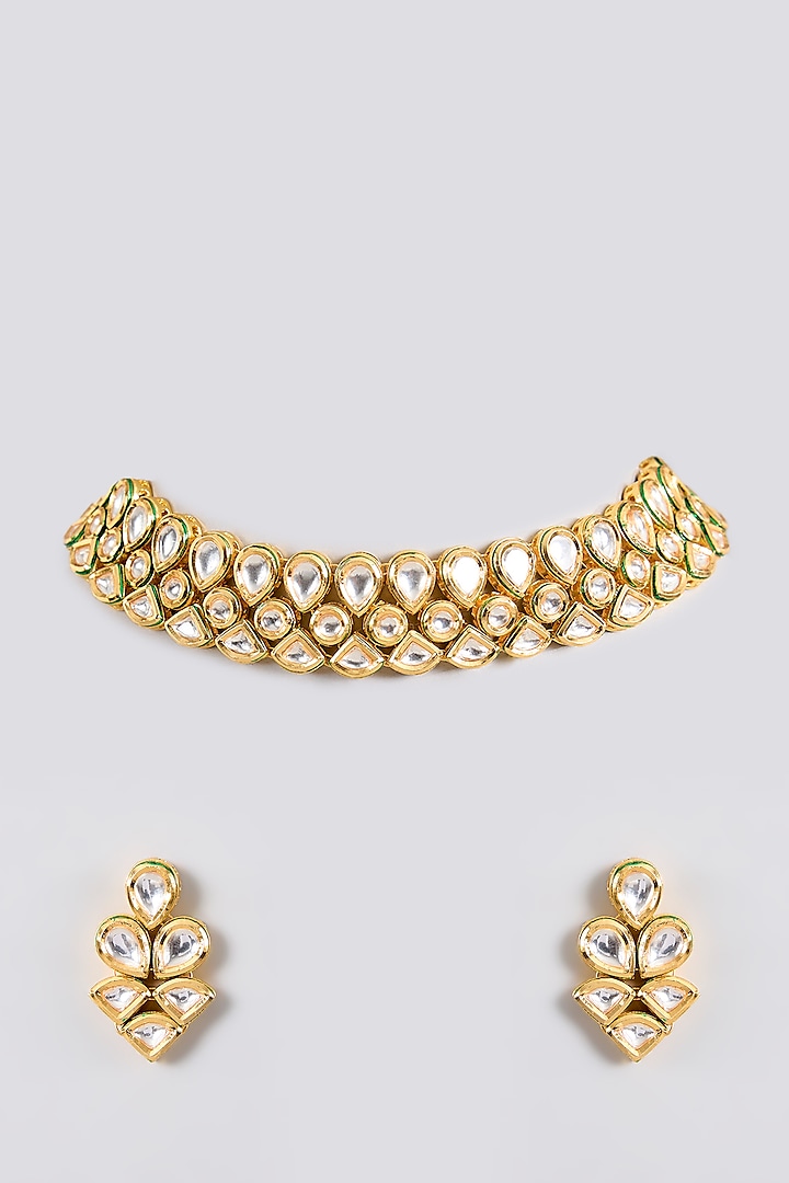 Gold Finish Kundan Polki Handcrafted Choker Necklace Set by Amreli Jaipur at Pernia's Pop Up Shop