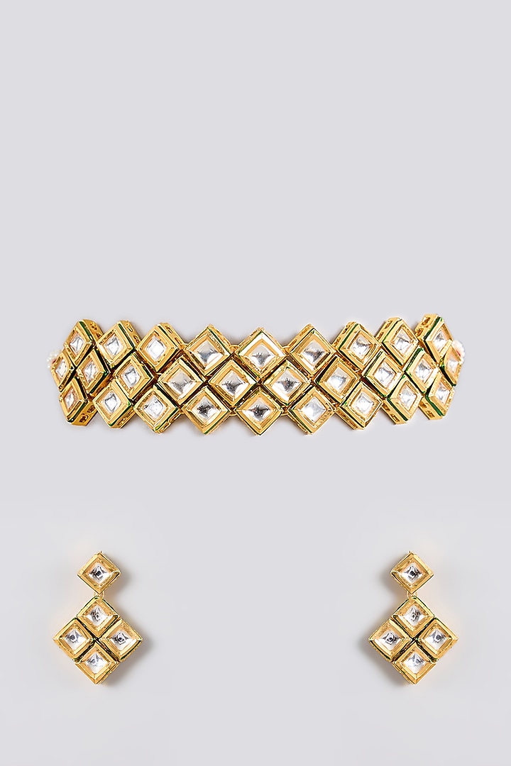 Gold Finish Kundan Polki Handcrafted Choker Necklace Set by Amreli Jaipur at Pernia's Pop Up Shop