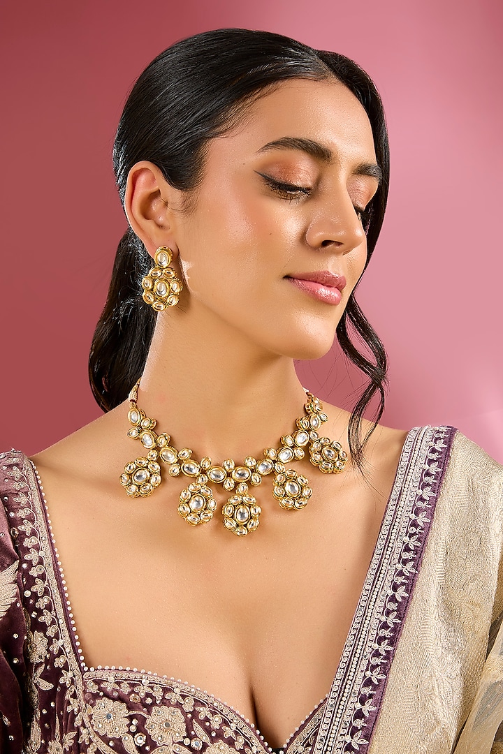Gold Finish Kundan Polki Handcrafted Necklace Set by Amreli Jaipur at Pernia's Pop Up Shop