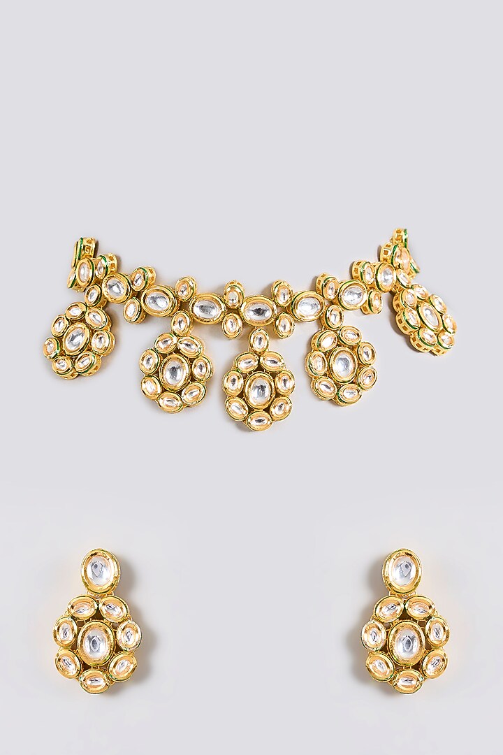 Gold Finish Kundan Polki Handcrafted Necklace Set by Amreli Jaipur at Pernia's Pop Up Shop