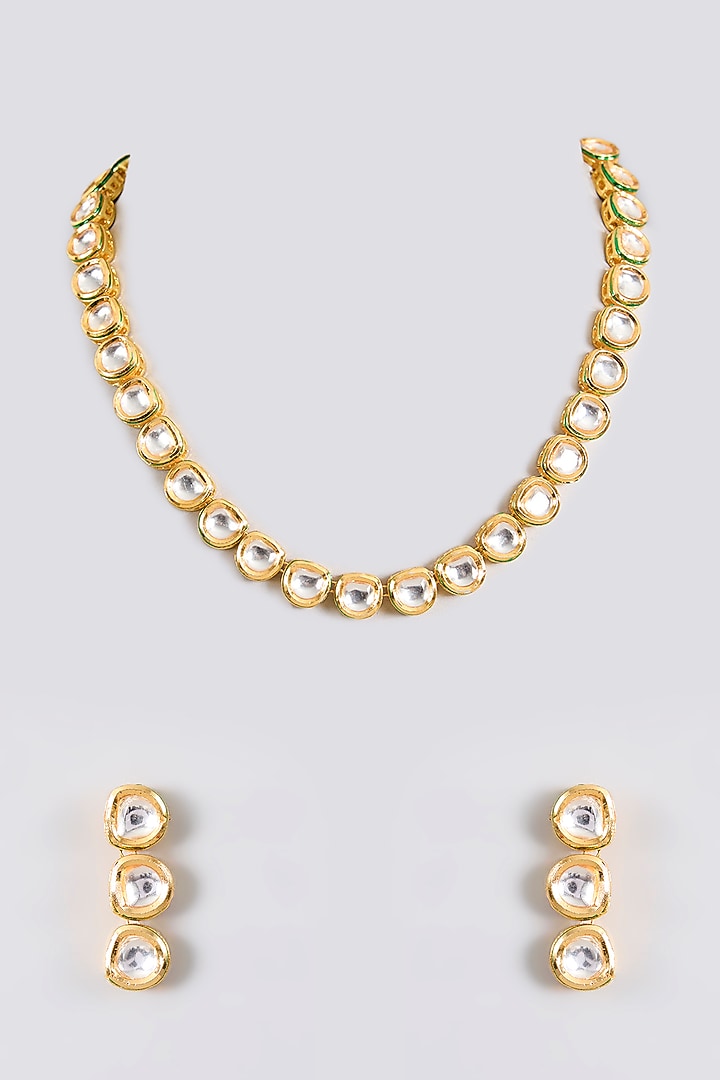 Gold Finish Kundan Polki Handcrafted Necklace Set by Amreli Jaipur at Pernia's Pop Up Shop